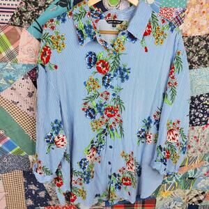 Unique Spectrum Blue Floral Striped Blouse - Size 2X